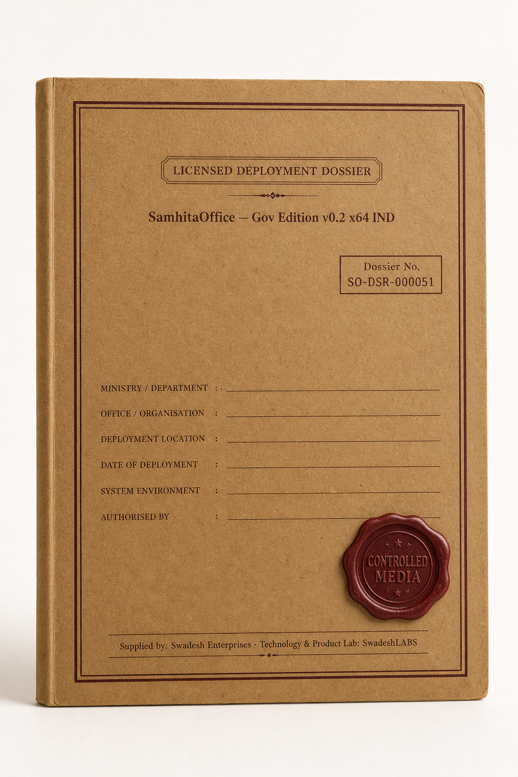 SamhitaOffice Licensed Deployment Dossier — numbered brown kraft file cover.